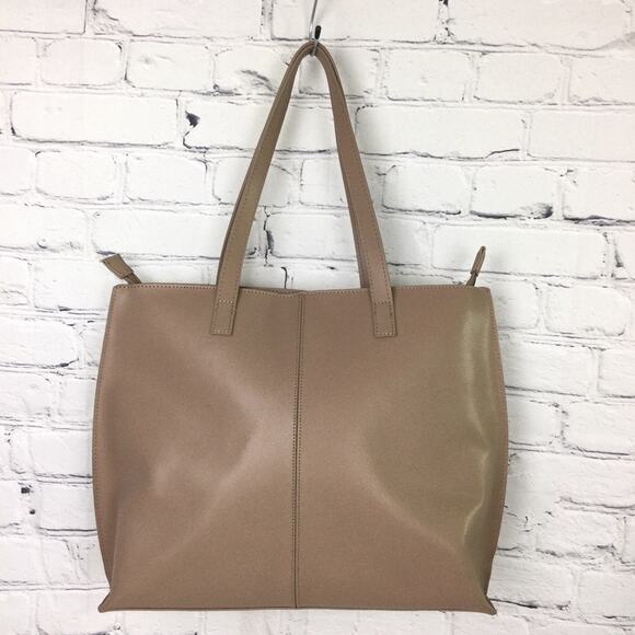 Joy Mangano Leather Double Handle Zipper Multiple Compartment Tan Tote Handbag - Picture 3 of 12